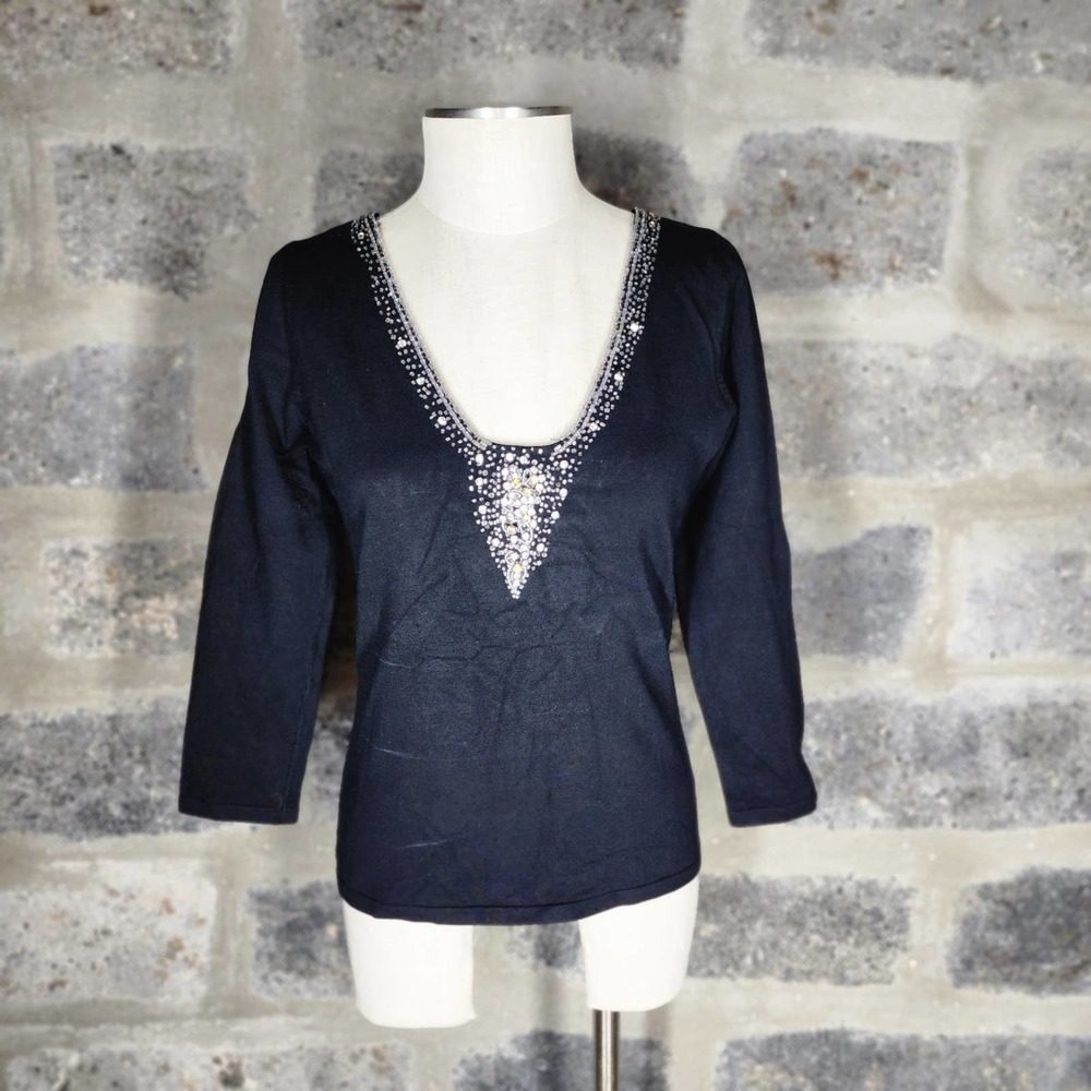 Cache Size L Black Stretch Deep V Rhinestone Acce… - image 1